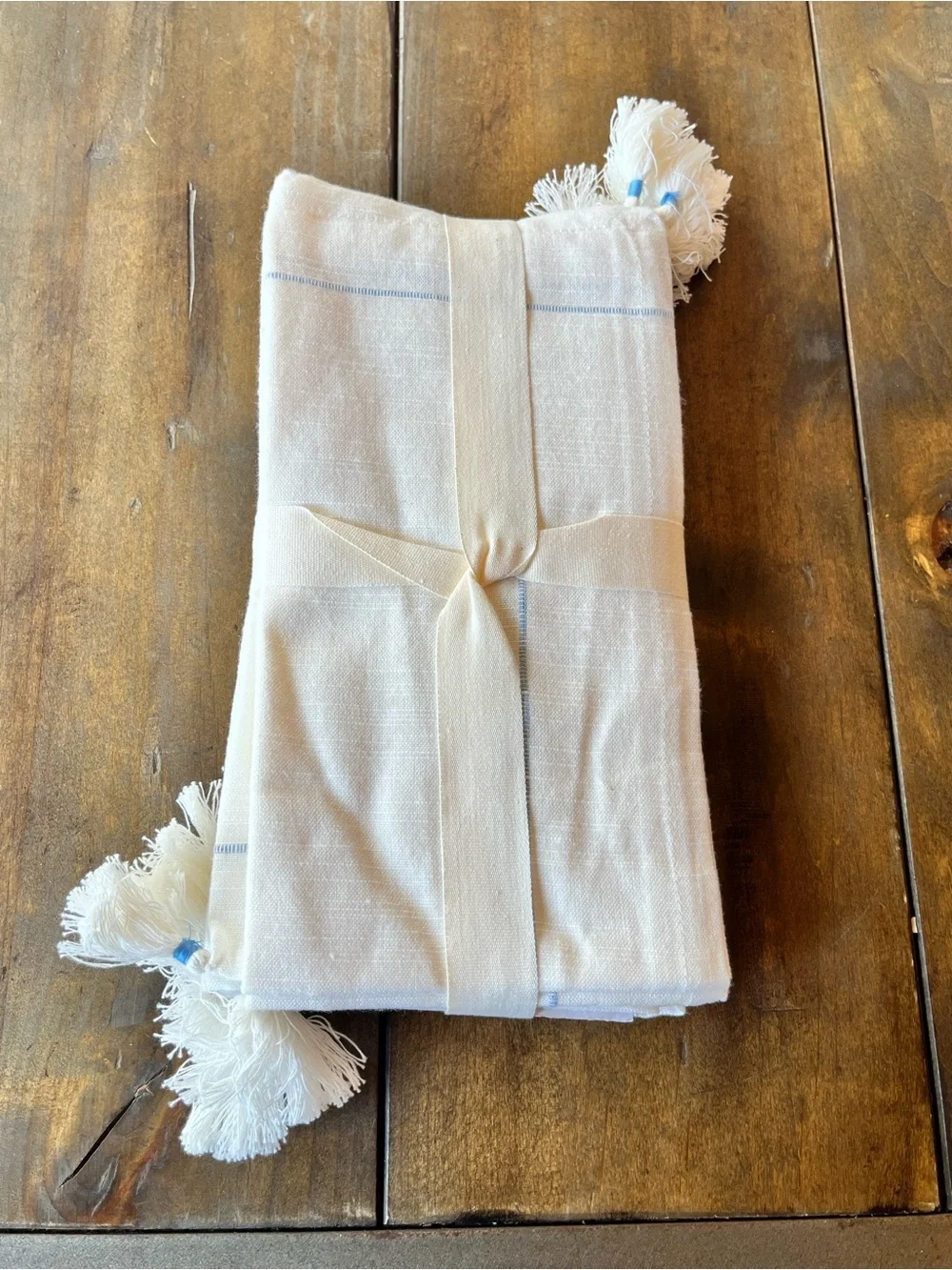 Pier 1 Cream Napkin Set of 4 with Light Blue Trim and Tassels NWT Coastal Vibes